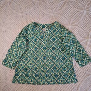 Lands End Womens 14P Blue Green Geometric Star Print Cotton 3/4 Sleeve Tunic Top
